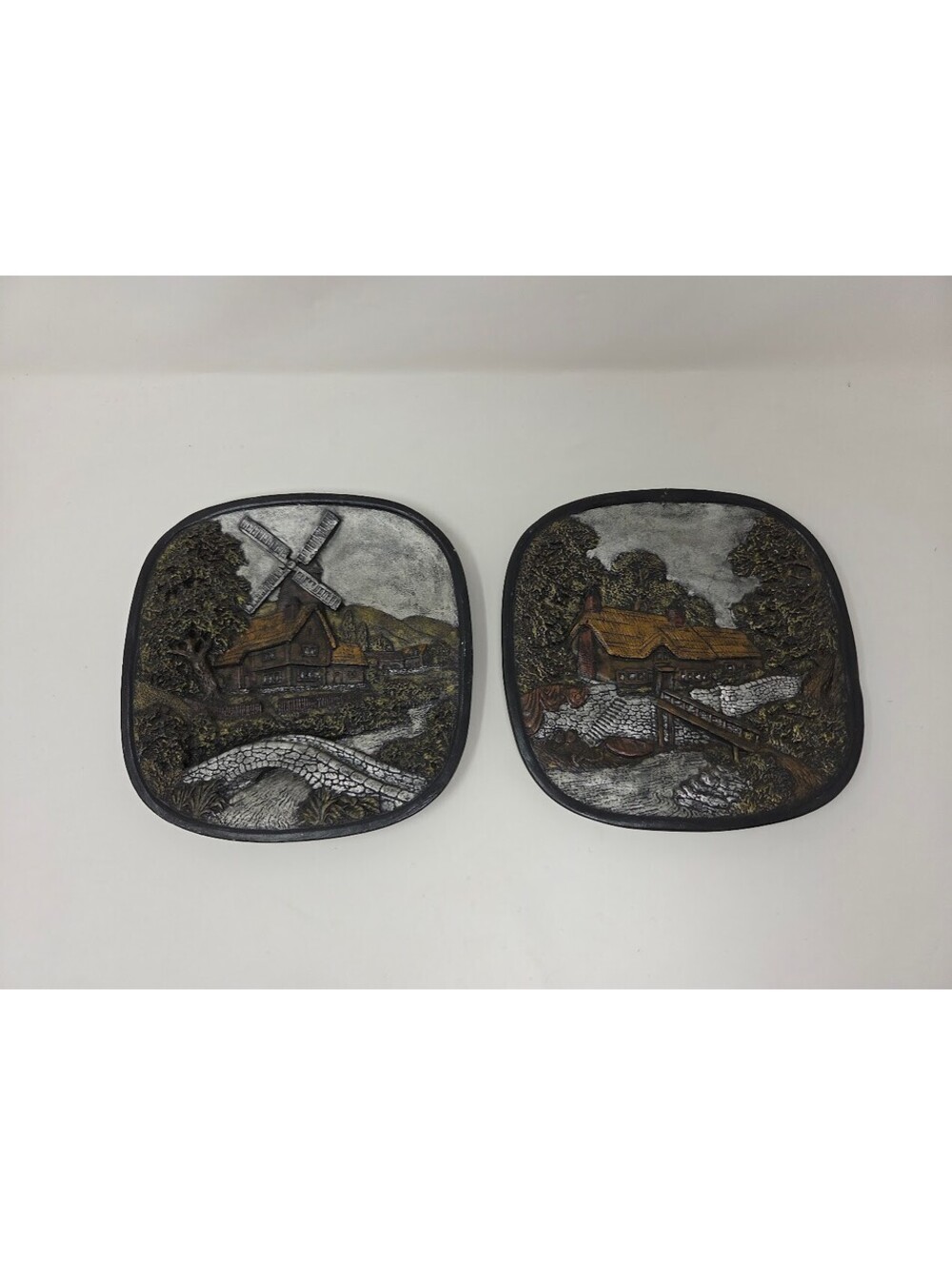 Vintage Chalkware Wall Plaques Cottage Windmill Landscape Set Of Two